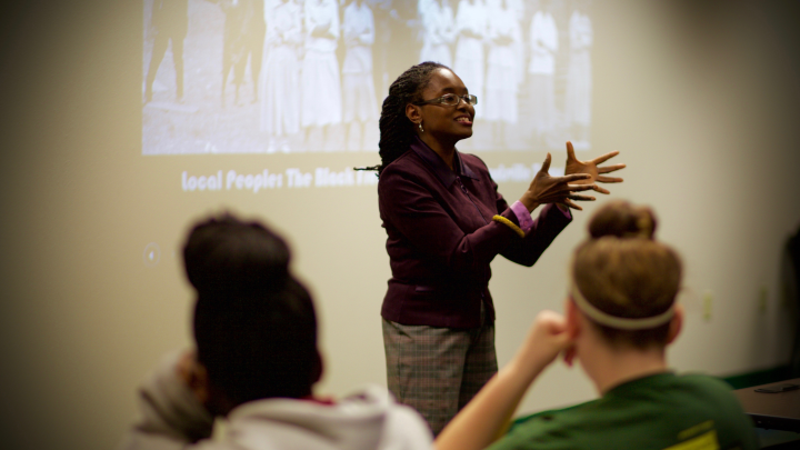 Dr. Bernadette Pruitt, associate professor of history at SHSU, teaches a lesson on civil rights in the local Huntsville community to 7th graders at Mance Park Middle School during the Believe In Possibilities: 7th Grade Initiative